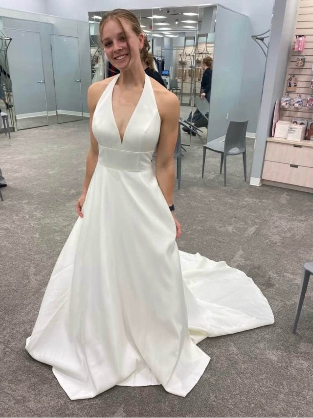 David's Bridal White Halter V-Neck A-Line Wedding Gown